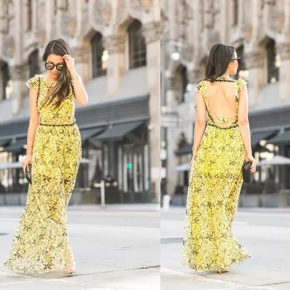 Free People Lemon Yellow Cherry Blossom Floral Lace Open Back Maxi Dress 4