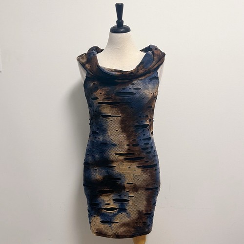 Samuel Dong Black Blue Brown Off The Shoulder Distressed Bodycon Mini Knit Dress - Picture 3 of 11