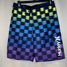Hurley Boys Checkered Blue Green Purple Swim Board Shorts 9 Inseam Sz 16