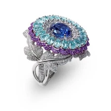 Simulated Aquamarine, Amethyst & Sapphire Stylish Flower Shape Luxury Women Ring