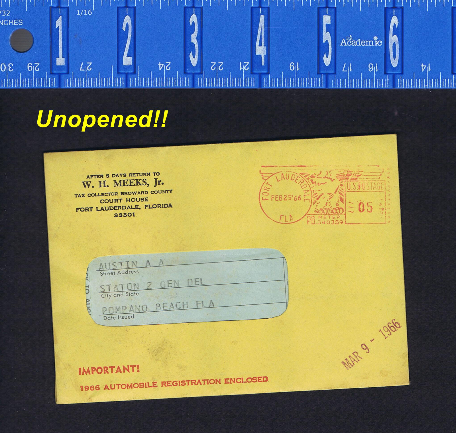 1966 Automobile-Car Registration, Pompano Beach, Florida-Broward County  UNOPENED | eBay