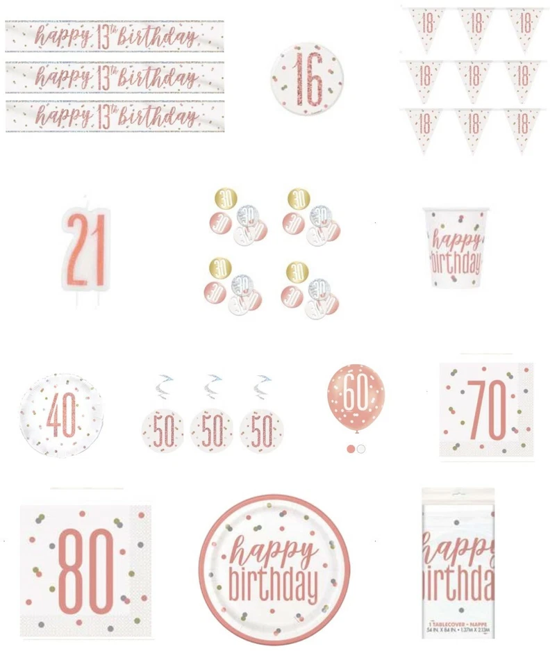 ROSE GOLD HAPPY BIRTHDAY AGE PARTY TABLEWARE DECORATIONS DECOR UNIQUE GLTIZ