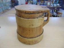 ANTIQUE PRIMITIVE FIRKIN JUG - COVERED WOODEN FLAGON - STAVED WOODEN TANKARD