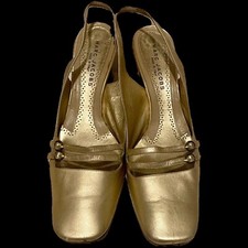 Marc Jacobs Gold Leather Metallic Slingback Block Heels front Buckle 8.5 / 38.5
