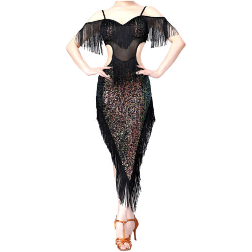 iEFiEL Damen Latein Tanzkleid Salsa Tango Pailletten Fransenkleid Glitzer Kleid - Bild 16 von 72