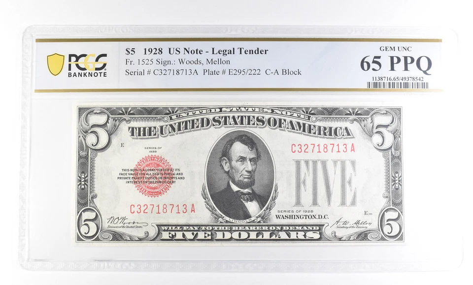 Moneda legal de Estados Unidos 1928 $5 Fr#1525 gema sin circular 65 PPQ PCGS *2423