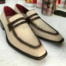 Handmade Men's Leather patina Half White formal dress loafers slip Ons Shoes-154