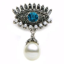 EVIL EYE PIN 1.8" Sparkling Rhinestone Brooch Silver Plate Faux Pearl Blue Lapel