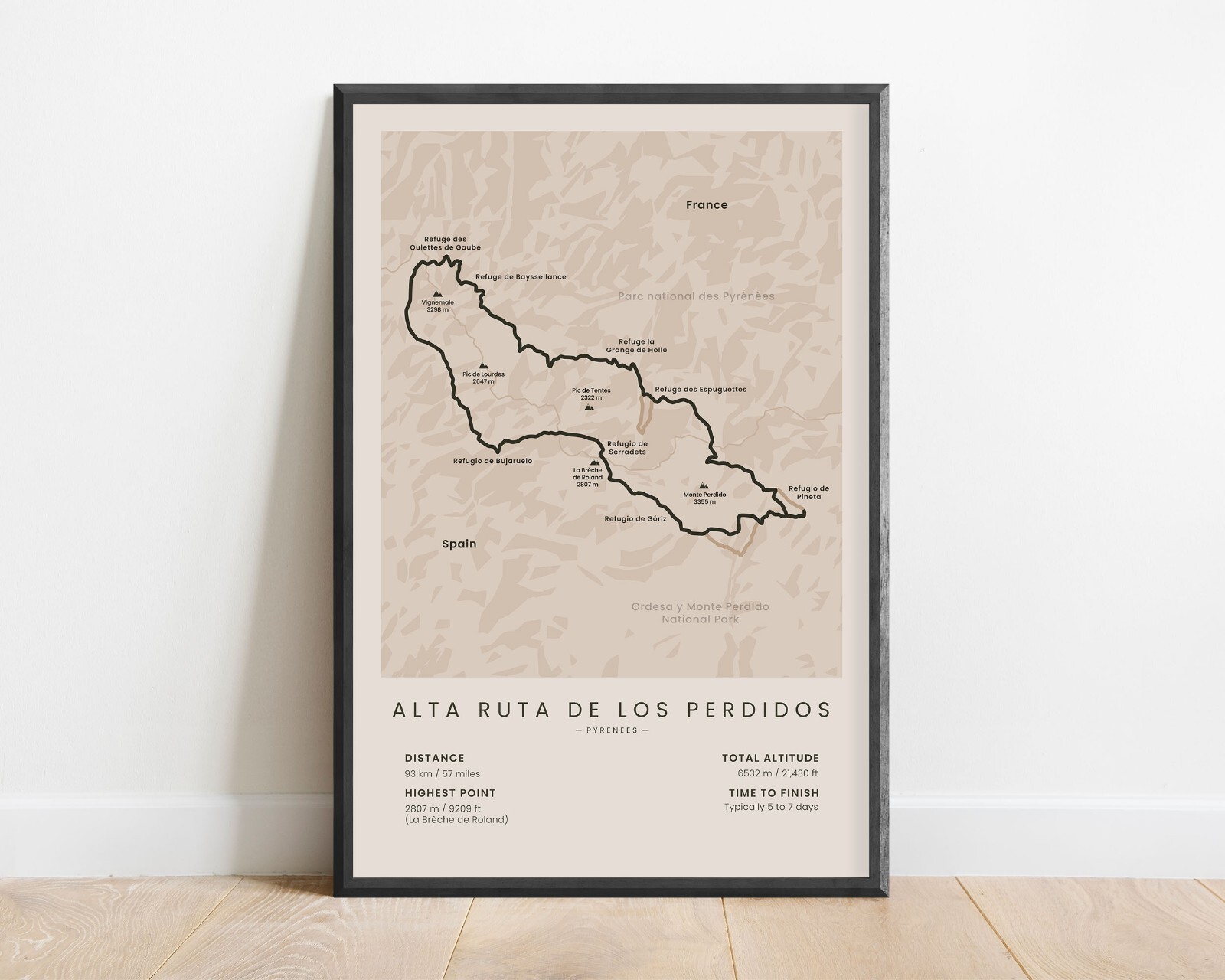 Impresión de mapa de Alta Ruta de los Perdidos | Póster de ruta de senderismo por los Pirineos | Regalo de senderismo