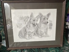 Corgi Dog Framed Pencil Drawing By R D Sellion Signed Large Size