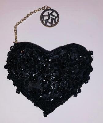 Vintage Donna Karan New York DKNY Black Beaded Heart Coin Makeup Hand Bag Wallet