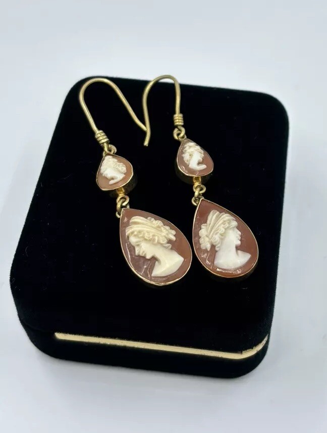 18KY Antique “Sisters” Carved Cameo Dangle Earrings View 3