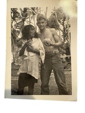 Vintage WW2 Photo Handsome Shirtless US Navy Sailor Native Girl with Coconuts