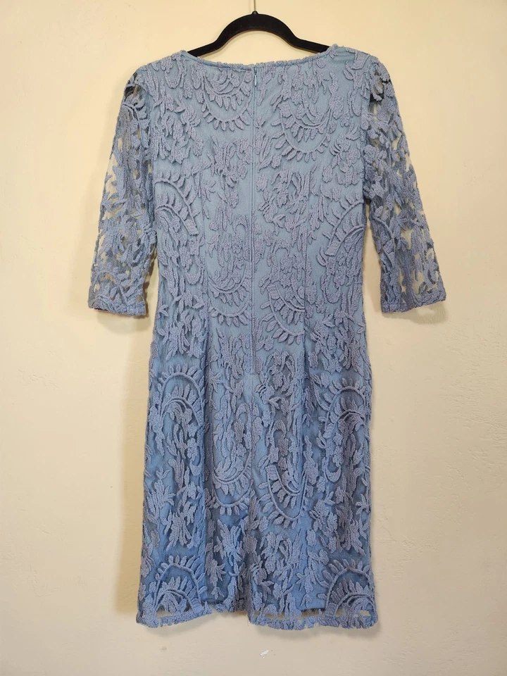 Adrianna Papell Blue Lace 3/4 Sleeve Dress Womens Size 2 Ruched Waist - Image 2 of 4
