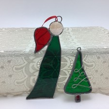 Vtg Handmade Stained Glass Christmas Tree 3   Angel 5  Ornaments