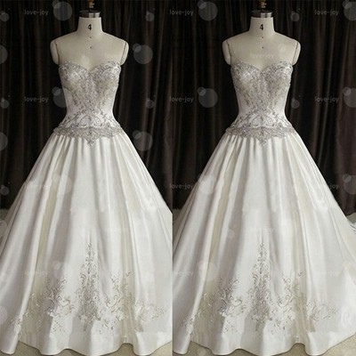 Satin Wedding Dresses Strapless Sweetheart Neck Beading  Applique Bridal Gowns