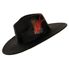 Black Wide Brim Fedora Hat with Feather - Morris Costumes