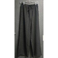 Black Plissé Wide Leg Drawstring Pants Textured Crinkle Trousers Medium