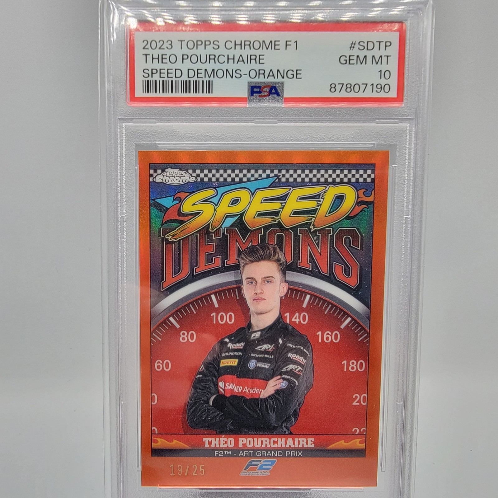 2023 Topps Chrome Formula 1 F1 Speed Demons Theo Pourchaire Orange #19/25 PSA 10 view 3