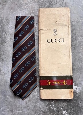 Deadstock Vintage 70s Gucci Tie. Horse bit Brown & Blue Made In Italy Silk. NOS