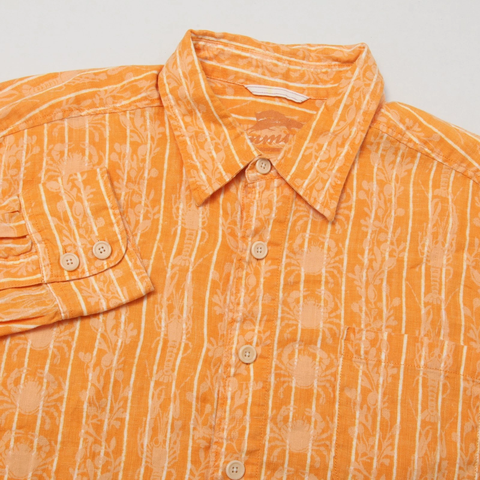 Tommy Bahama Men's L Orange Striped Floral Crab 100% Linen Long Sleeve Shirt