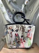 Isabella Fiore Beaded Applique Art Top Handle Bag Black Handles Zip Plaid Lining