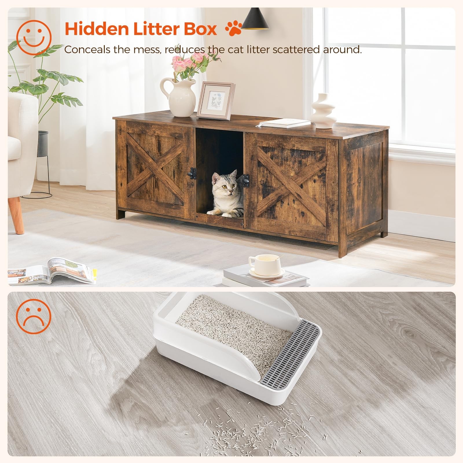 MAHANCRIS Hidden Litter Box Enclosure for 2 Cats, 47.2" Wooden Cat Washroom w/Sc