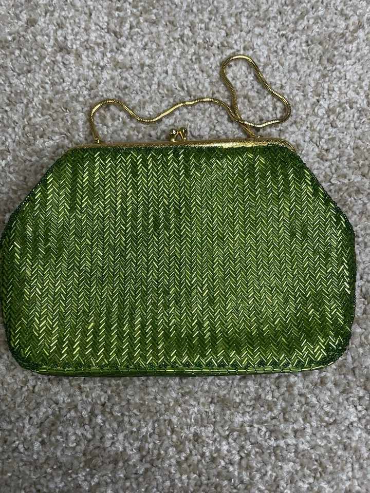 VINTAGE BEAD BAG PURSE JULIUS GARFINCKEL & Co Green - Image 2 of 4