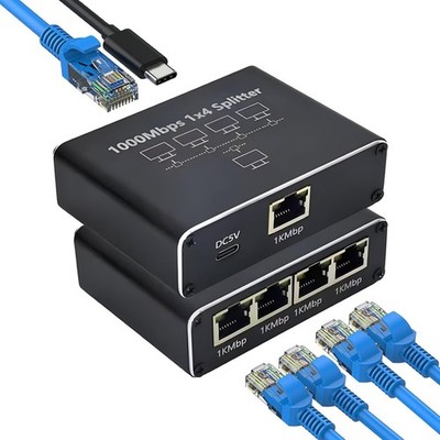 RJ45 Gigabit Ethernet Splitter 1000Mbps LAN Network Internet 1 to 4 Out Adapter