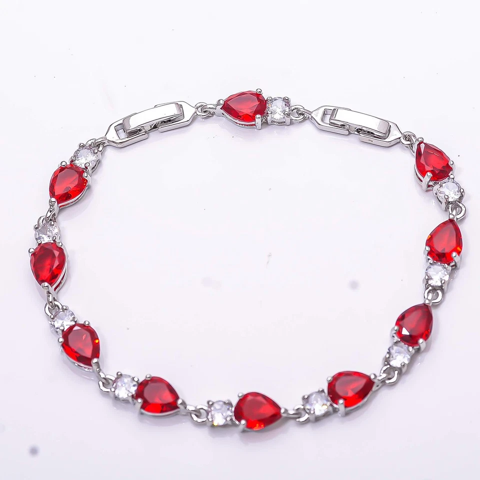 Теннисный браслет из стерлингового серебра 925 пробы с красным гранатом и кубическим цирконием 7,99 дюйма B14 - Изображение 2 из 4