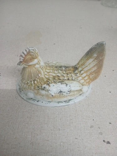 Vintage Milk Glass Hen on Nest Lid Only Replacement Top - Chicken Figurine Used