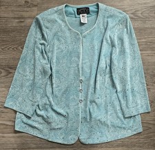 Alex Evenings 3X Aqua Paisley Glitter Jacket Rhinestone Buttons Formal Wedding
