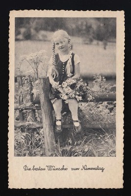 Girls braids dirndl field flowers bouquet electric fence, wishes name day, unused