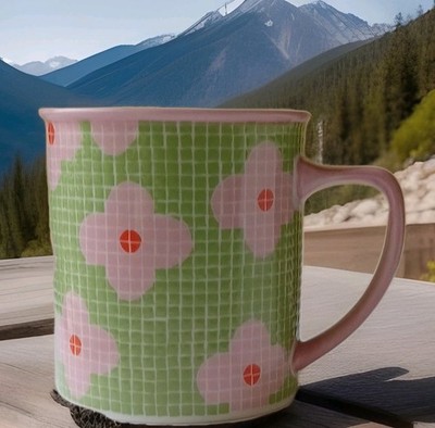 Starbucks Barista 2004 Mosaic Tile Bright Pink/ Green Flower 16oz Mug Rare! Nice