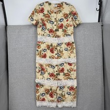 Talbots Dress Womens 14 Beige Floral Linen Lace Maxi Button Front Cottagecore