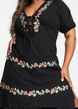 ASOS Design Curve Dress SZ 22 Black Cotton Colored Floral Embroidery Tie Front