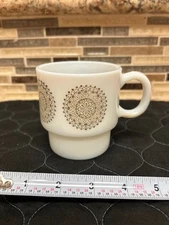 Vintage 60s Etched Mandala Medallion Coffee Mug Cup Milk Glass Stackable