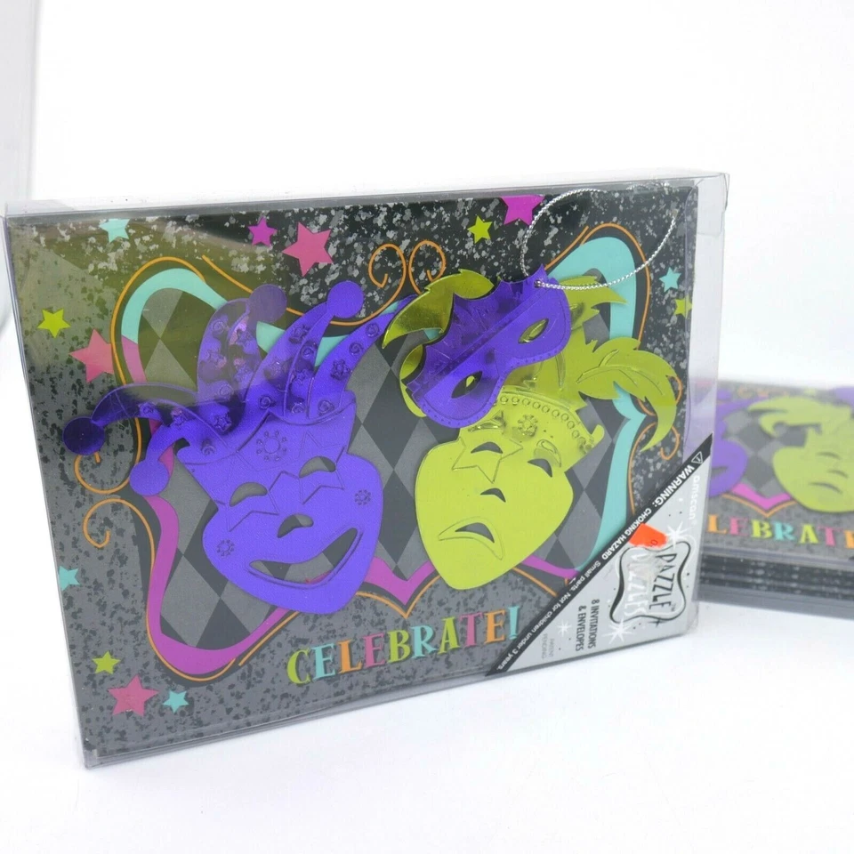 2 packs Mardi Gras Masquerade Party Invitations Amscan Razzle Dazzles masks - Image 2 of 4