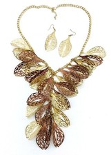 Gold Bronze Tone Open Work Cluster Leaf Y Necklace Earrings Set