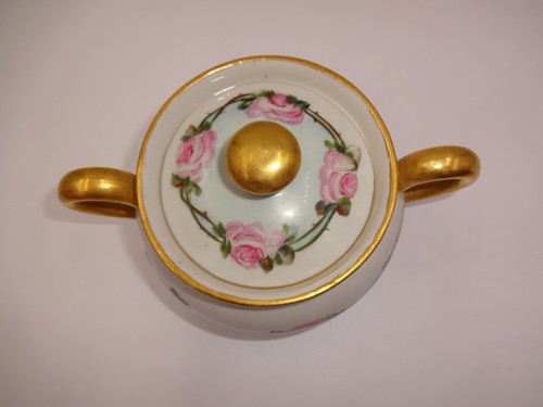 Vintage B&C Limoges Double Handled Sugar Bowl & Lid White Pink Roses Flowers - Picture 5 of 8