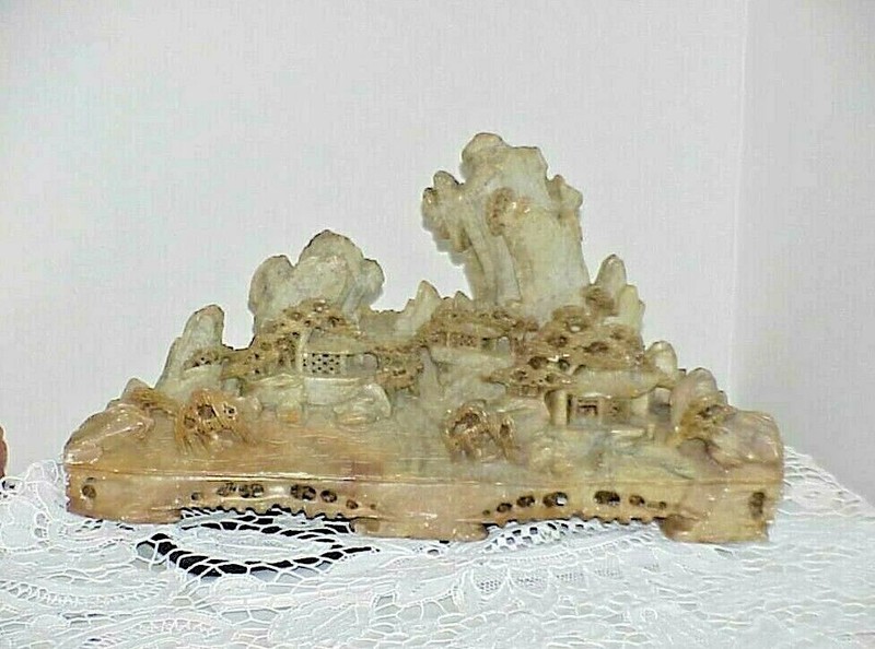 Vintage Antique Soapstone Carving Village Landscape Mountains House 12" Shoushan