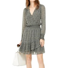 Michael Kors Womens L Black Evergreen Printed Ruffle Wrap Mini Dress NWT DB39