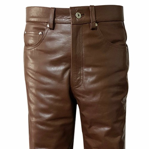 Herren Echt Rindsleder Braun Leder Biker Hose Klassisch Freizeit Jeans Hose - Bild 1 von 3