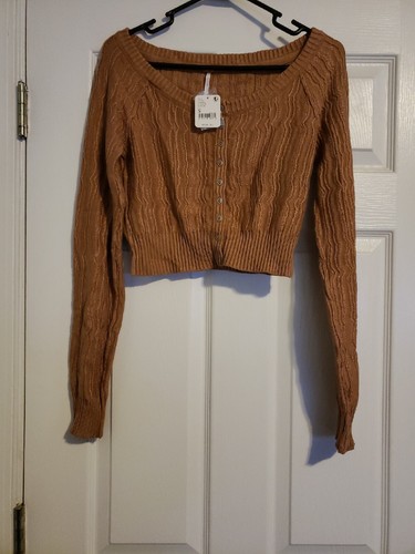 Free People Cropped Knit Sweater Cardigan Women's Small, "Natural" Tan Brown