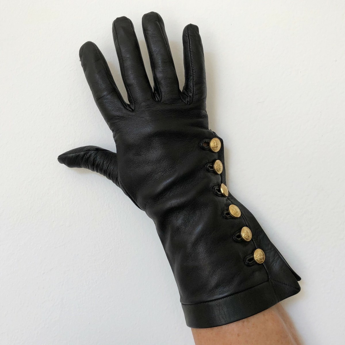 GIANNI VERSACE black leather gloves with 6 gold tone Medusa