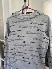 Champion Boys All Over Logo Print Pullover Hoodie Size XL Gray