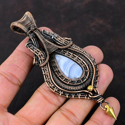 Blue Lace Agate Wire Wrapped Pendant Handcrafted Copper Gift