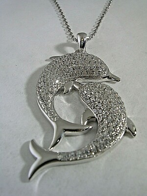 DOLPHINS SWIMMING PENDANT WITH CUBIC ZIRCONIA MICRO PAVED IN STERLING SILVER 