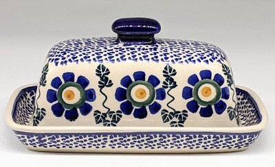 Polish Pottery Butter Dish from Boleslawiec Blue Daisy