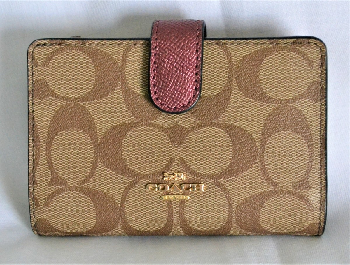 COACH F23553 Signature PVC Medium Coin Zip Wallet Khaki Metallic 